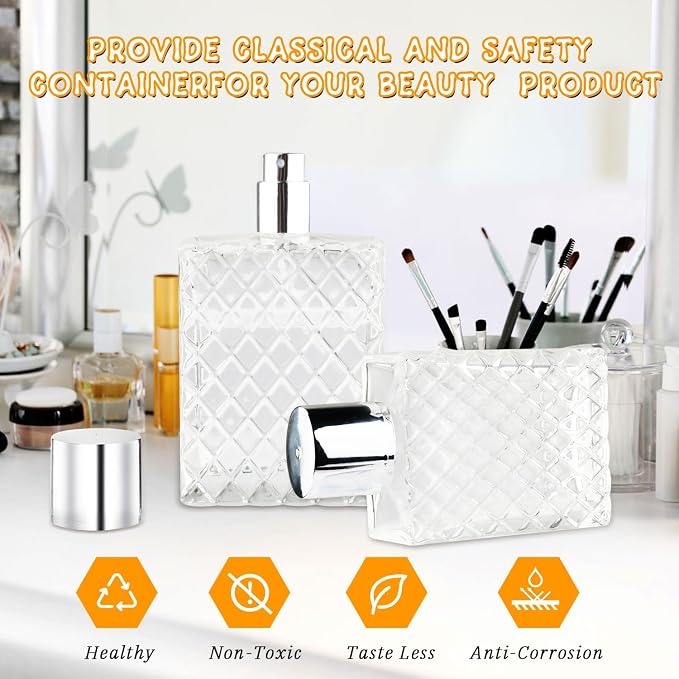 Refillable Spray Perfume Bottles,6 Pack 100ml Glass Fine Mist Spray Bottle,Empty Travel Square Clear Glass Replacement Container Dispensers for Essential Oil,Cologne-Funnels,Pipette Included