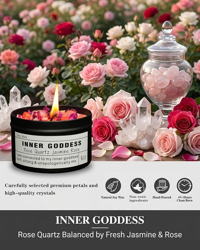 Inner Goddess, Candle Gift with Rose Quartz Crystal Floral Scented, Soy Wax Candle for Self-Care and Feminine Energy.