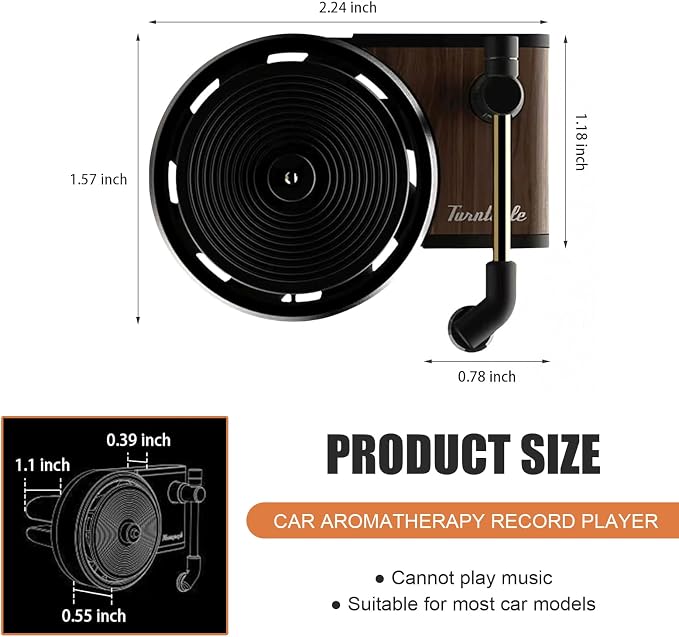 Car Air Vent Clip, 3D Record Player and Record Spins with Airflow Design with 9 Albums, Wood Texture Gramophone Decoration with Fixed Four-point Clip, Interior Diffuser for Car (Multicolored)