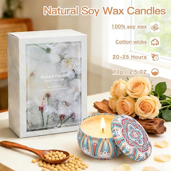 Scented Candles Gift Set, 12 Pack Soy Wax Scented Candles for Home, 12 Fragrances, Up to 300-Hour Burn, Aromatherapy Candle Gift Set, Gifts for Women