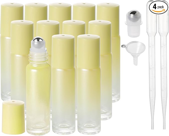 SESENSE Essential Oil Roller Bottles, 10ml Thick Glass Perfume Roller Bottles with Funnel Opener and Dropper Colored Glass Empty Bottles with Stainless Steel Roller Balls (Yellow, 12 Pack)