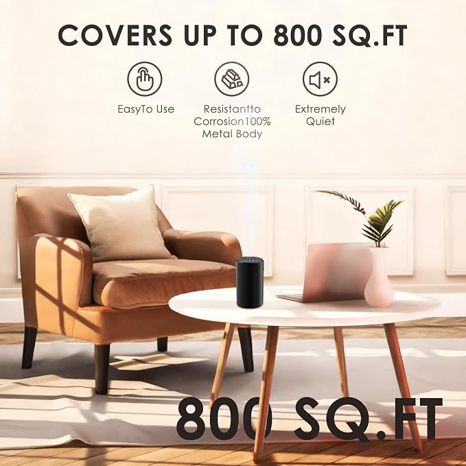 Waterless Diffuser Kit with 4 x 20mL Hotel Fragrance Oil (L-Black) | Aluminum alloy, battery powered, 7-color LED,4 timer and 3-level fog settings