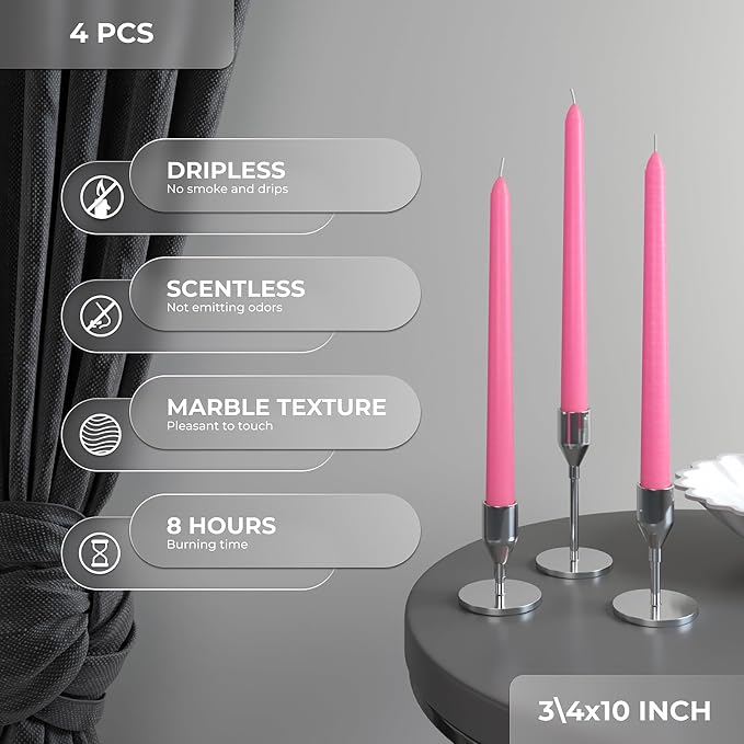 CANDWAX 10 inch Pink Taper Candles Set of 4 - Unscented Smokeless Dripless Tall Candle Sticks - Perfect as Easter Candles and for Holidays, Ordinary Dinners and Special Occasions - Pink Candlesticks