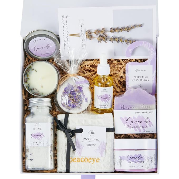 Mothers Day Gifts for Mom Spa Bath Gift Baskets Relaxing Spa Self Care for Women Her Sister Wife Bridal Shower Gifts Box Home Bath Care Package Thank You Birthday (Purple -Spa for Women)