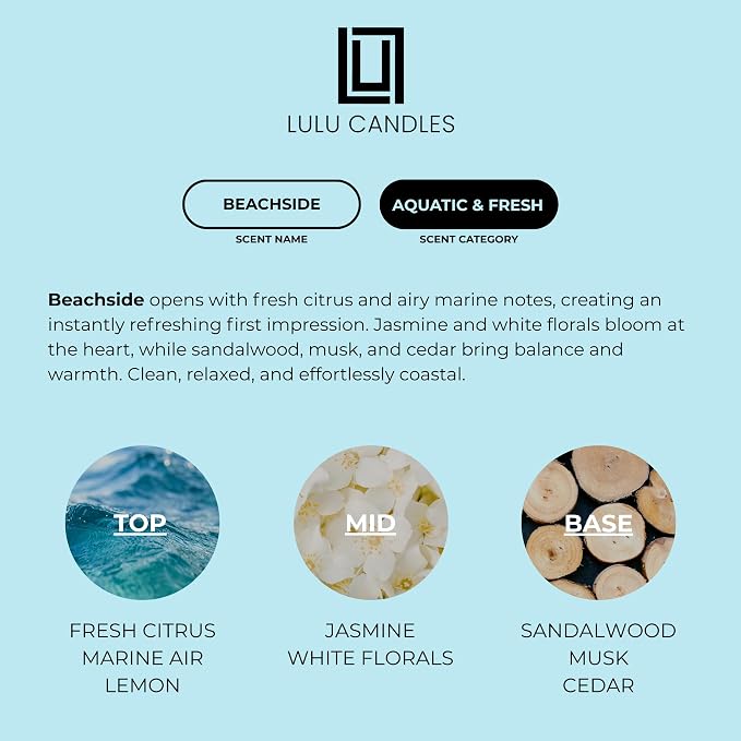Lulu Candles | Beachside | Smells Fresh & Clean | Luxury Scented Soy Jar Candle | Hand Poured in The USA | Highly Scented Long Lasting (9 Oz.)