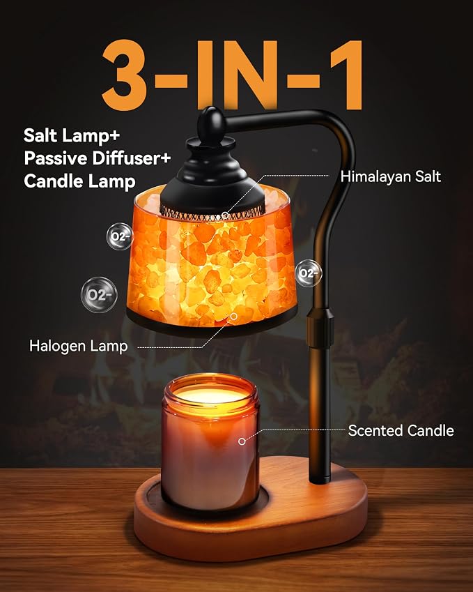 3-in-1 Candle Warmer Lamp with Timer Dimmable, Himalayan Salt Lamp & Passive Diffuser, Gifts for Women, House Warming Gifts, Wax Melt Warmer for Jar Candles (2 Bulbs)