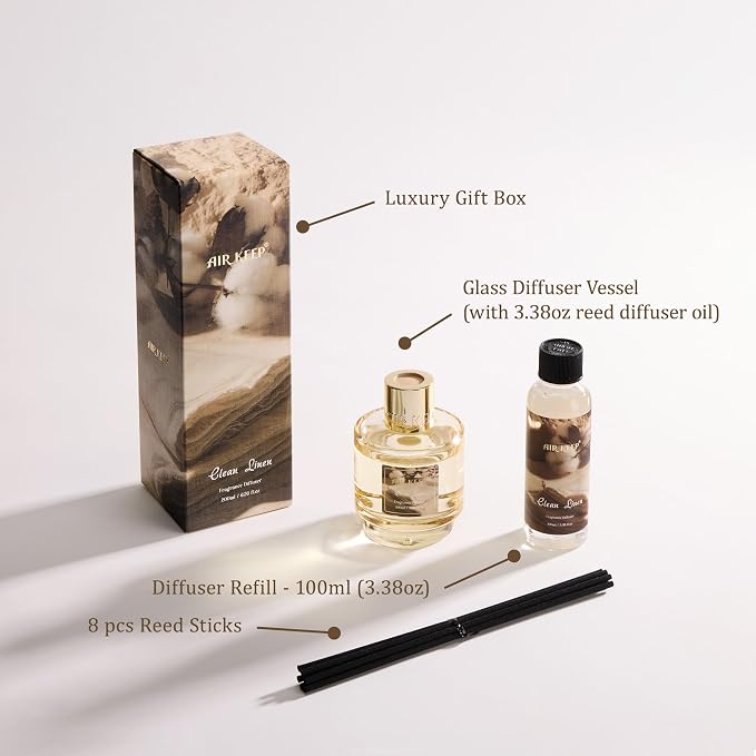 Airkeep Reed Diffuser Set with Refill & 8 Reed Sticks, 6.96 fl oz Clean Linen Home Fragrance, Long Lasting Aromatherapy Diffuser for Bedroom, Bathroom & Living Room