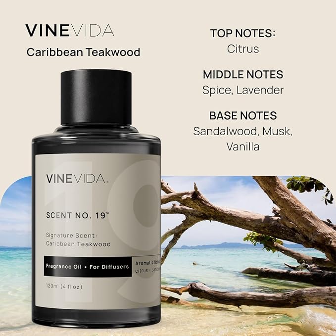 VINEVIDA [4 Fl Oz] Caribbean Teakwood Diffuser Oil - Hotel Diffuser Collection Oil, Hotel Scent Diffuser - Fragrance Oil for Cold Air Diffuser - Hotel Oil Scents - Hotel Scent Home