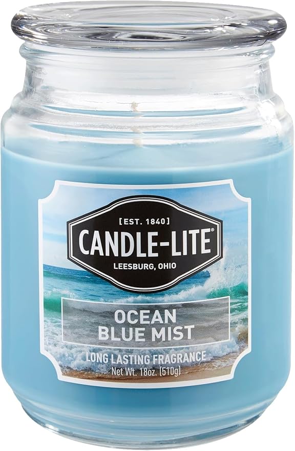 CANDLE-LITE Scented Ocean Blue Mist Fragrance, One 18 oz. Single-Wick Aromatherapy Candle with 110 Hours of Burn Time, Light Color