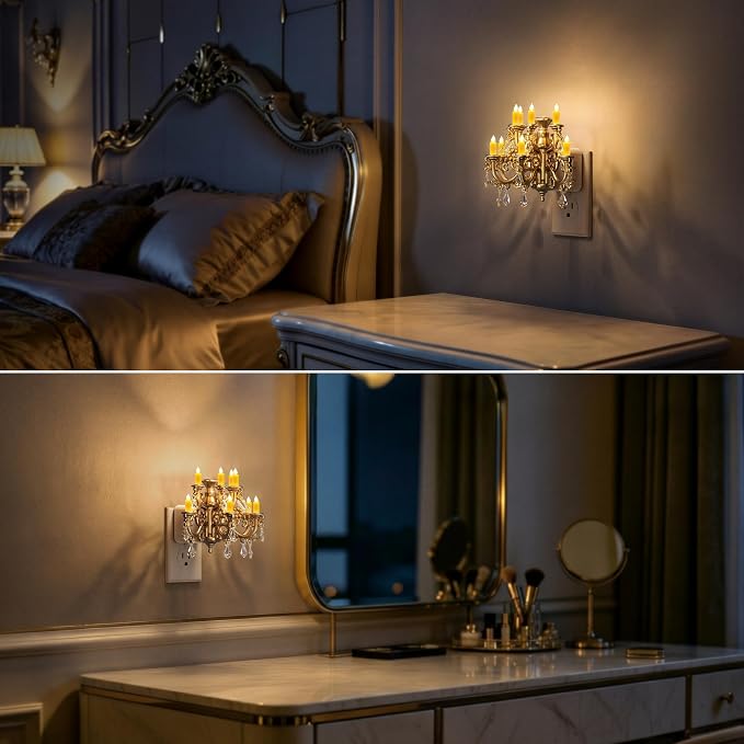 Briignite LED Night Lights Plug into Wall, Chandelier Night Light with Dusk to Dawn Light Sensor, Dimmable Golden Nightlight Plug in, 3000K Soft White for Bathroom Bedroom Hallway Kitchen