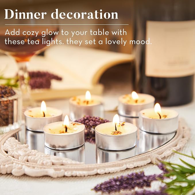 8 Pack Lavender Tealight Candles, Petals-Infused with Real Lavender, Natural Soy Wax 4-Hour Clean Burn, Smokeless for Relaxation, Wedding & Home Decor