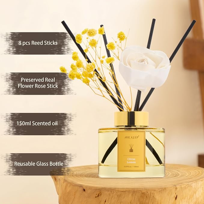Airkeep Flower Reed Diffuser Set, Citrus Lemon Diffuser Set, 5.07 Fl.oz (150ml), Home Fragrance, Bathroom, Bedroom & Home Décor, Air Freshener