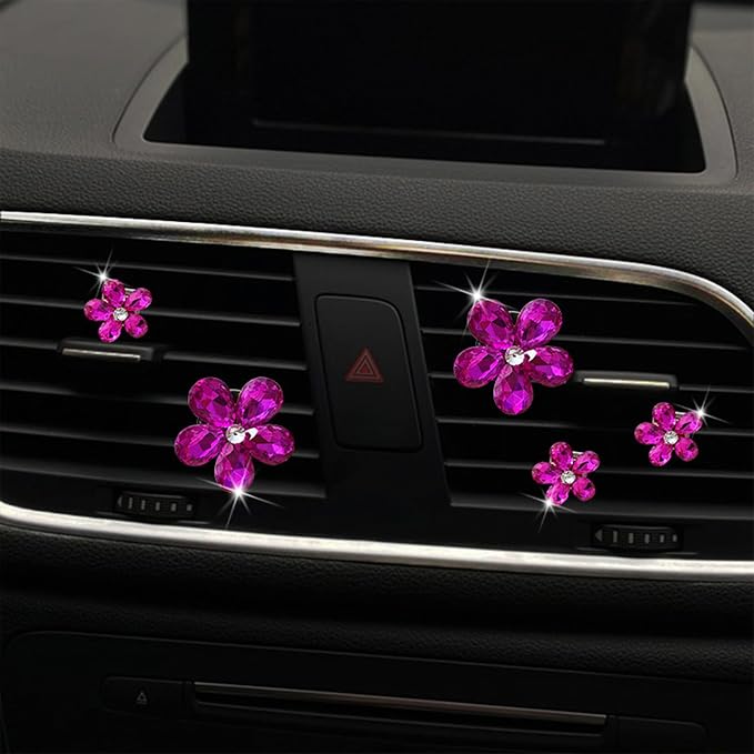 Bling Daisy Flower Car Air Vent Clips, 5PCS Sparkling Crystal Rhinestone Cute Vehicle Air Conditioning Clamp, Diamond Auto Air Outlet Clip Decor for Women Girls (Rose Red)