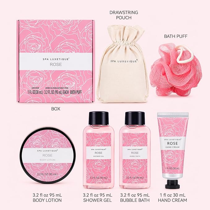 Spa Luxetique Gifts for Women, 6 Pcs Rose Spa Gift for Women, Womens Gift Set with Bubble Bath, Birthday Christmas Anniversary Valentine's Day Gifts