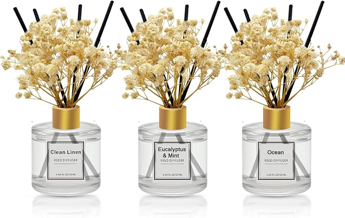 Reed Diffuser Set of 3 Pack,Clean Linen,Eucalyptus & Mint,Ocean Scented Oil Diffuser with 4 Sticks,Reed Diffusers for Home,Living Room,Bathroom Air Freshener Diffuser,50ml x 3