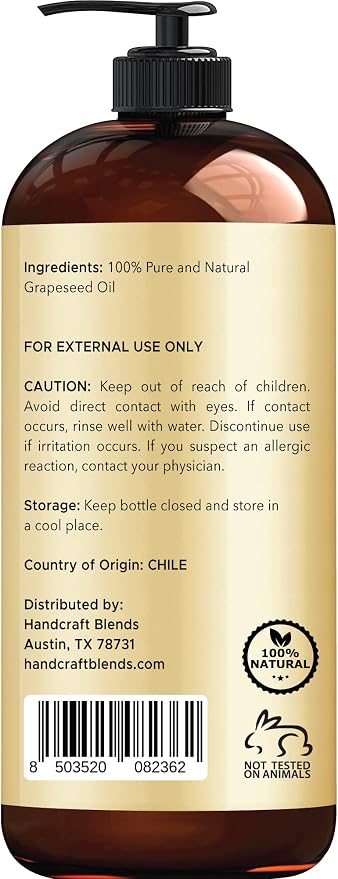 Handcraft Blends Grapeseed Oil | 100% Pure and Natural | Bath & Body Oil | Premium Grade Carrier Oil | Skin | Hair | Body | Massage | Cold-Pressed | Hexane-Free | 16 Fl Oz (Pack of 2)
