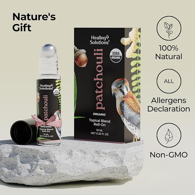 Healing Solutions (2 Pack) USDA Certified Organic Patchouli Essential Oil Roll On Set, Patchouli Body & Skin Roller Perfume for Adults