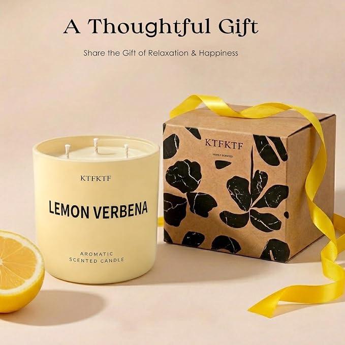 Lemon Verbena Candle, 14.1oz Large 3-Wick Soy Wax Candle, Up to 80 Hours Burn Time, Non-Toxic Aromatherapy Jar Candle with Essential Oils, Citrus Scented Candle for Home