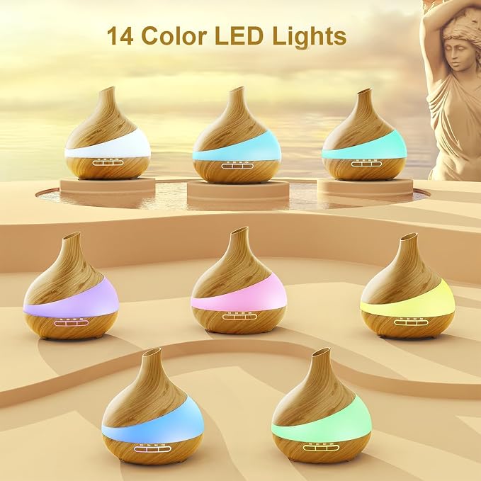 Essential Oil Diffuser for Women, 500ml Aromatherapy Diffuser:14-Color LED, Dual Mist 30/60ml/h, Remote Control, Auto Shut-Off, Hotel Spa Bedroom Minimalist (Wood Grain)