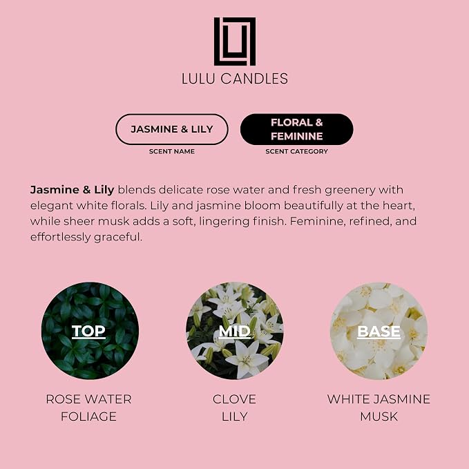 Lulu Candles | Jasmine & Lily | Highly Scented Candles for Home - Soy Blend Jar Candle with 100% Cotton Wick - Slow Burning (9 Oz.)