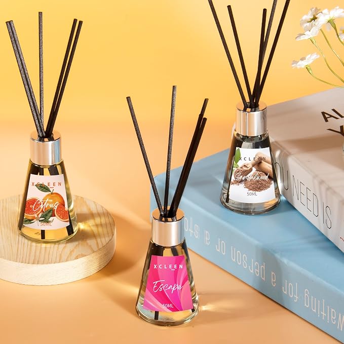 Xcleen Reed Diffuser of 3 Pack, Escape/Citrus/Sandalwood, Scented Diffuser with 15 Fiber Sticks, Home Fragrance Oil Diffuser, Air Freshener for Bathroom & Bedroom, Each 1.7Fl Oz, Total 5.1Oz