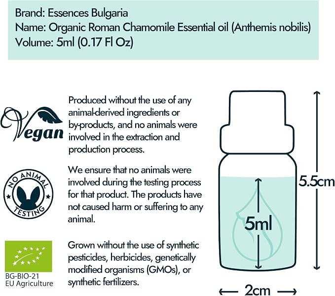 Essences Bulgaria Organic Roman Chamomile Essential Oil 1/6 Fl Oz | 5ml | Anthemis nobilis | 100% Pure and Natural | Undiluted | Therapeutic Grade | Family Owned Farm | Steam-Distilled | Non-GMO