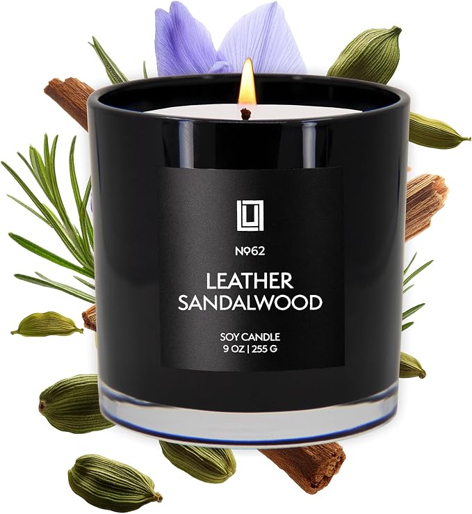 Lulu Candles | Leather & Sandalwood Scented Candle | Warm Sandalwood, Leather & Amber Fragrance | Luxury Soy Jar Candle | Highly Scented, Long Lasting Burn | Home Fragrance (9 Oz.)