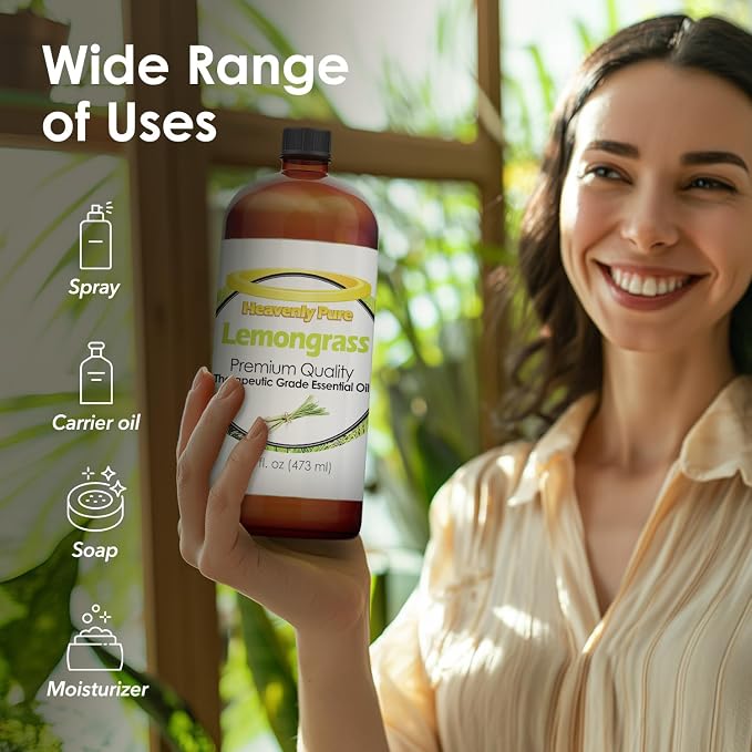 Heavenly Pure - Lemongrass Essential Oil 16 oz Large Bottle for Aromatherapy, Soaps, Candles, Diffuser, and Personal Care - 473 ml