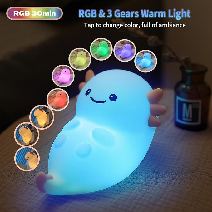 Cute Axolotl Night Light, Dimmable Nursery Lamps, Super Squishy Silicone Timer USB Rechargeable Touch Control RGB Night Lamp for Kids Adults, Used for Camping Party Room Decor (Axolotl)