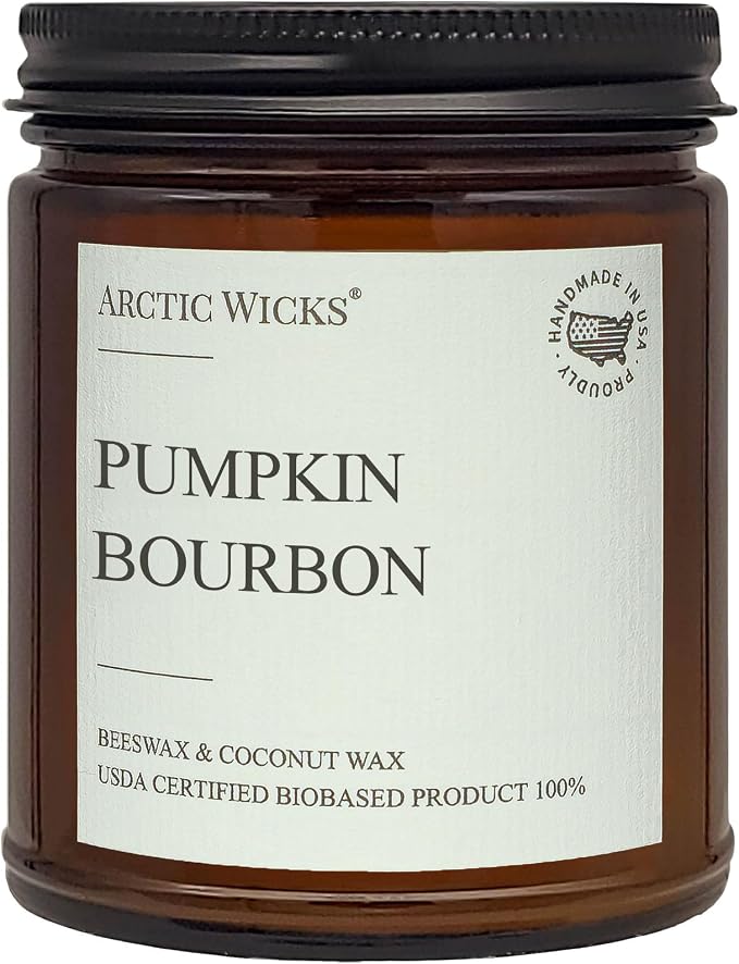 Arctic Wicks Scented Coconut Beeswax Candles | Coconut Beeswax Non Toxic Candle 9oz Amber | Farmhouse Candles Non-Toxic Clean Burn 100% USDA Certified Biobased (Pumpkin Bourbon)