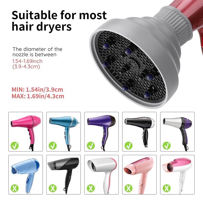 Segbeauty Collapsible Blow Dryer Diffuser, Travel Portable Hair Diffuser for Natural Curly Hair, Professional Lightweight Folding Diffuser Attachment for Dryers Nozzle 1.54 to 1.69 inches Gray