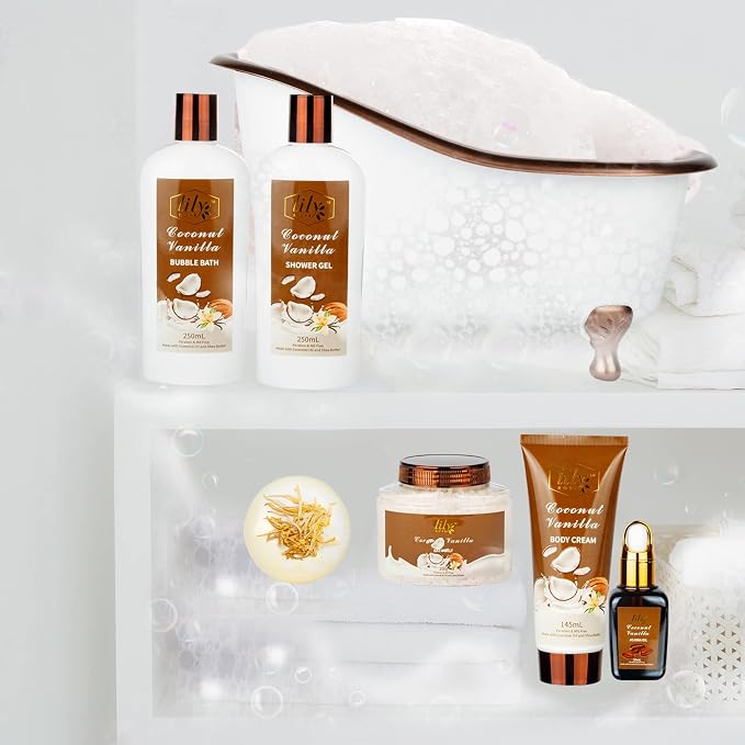 Coconut Vanilla Spa Gifts Bath Kit, 7Pcs Moisturizing Gift Set for Women Men