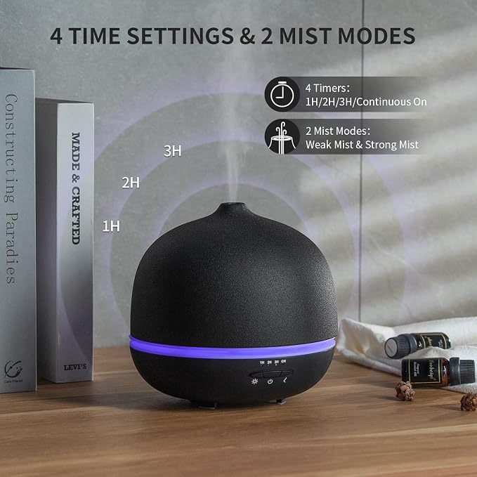 500ml Essential Oil Diffuser,Black Large Ceramic Diffusers,Ultrasonic Cool Mist Humidifier with 4 Timer & 10 Colors Light for Home,Gift