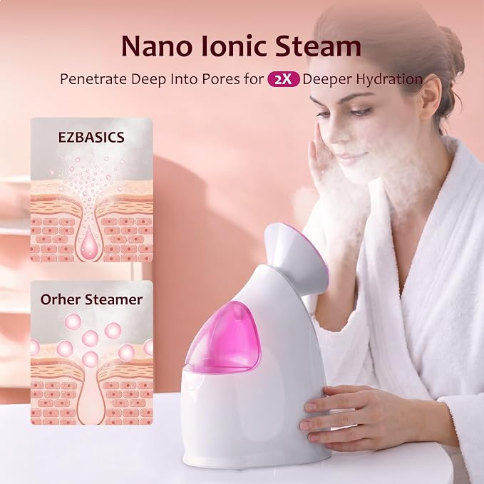 EZBASICS Facial Steamer - Professional Nano Ionic Face Steamer for Facial Deep Cleaning, Warm Mist Humidifier for Home Spa, Unclogs Pores Sinus, Bonus 5 Piece Stainless Steel Skin Kit (Pink)