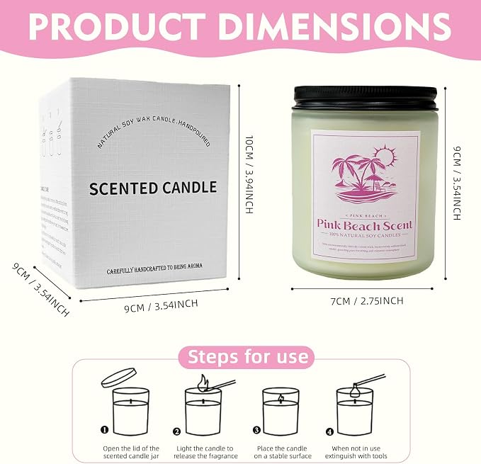 Pink Beach Scented Candle, 9 oz Natural Soy Candles for Home Scented, 50 Hour Burn Time, Home Decor Gift for Women, Friends, Family