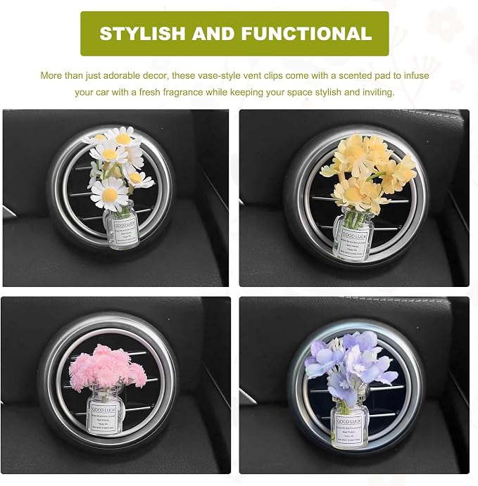 4 PCS Artificial Flowers Car Vent Clips, Cute Flower Bouquet in Glass Vase Air Vent Clip with Fragrance Pads, Mini Daisy Plants Vase Air Conditioning Outlet Clip for Women Girls