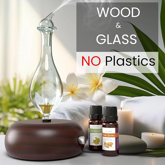 ArOmis Premium Glass Essential Oils Nebulizer - Waterless Diffuser for Aromatherapy - Handmade Oil Diffuser, Wooden Base, No Plastic, No Heat, No Battery, No LEDs - Orbis Nox Merus