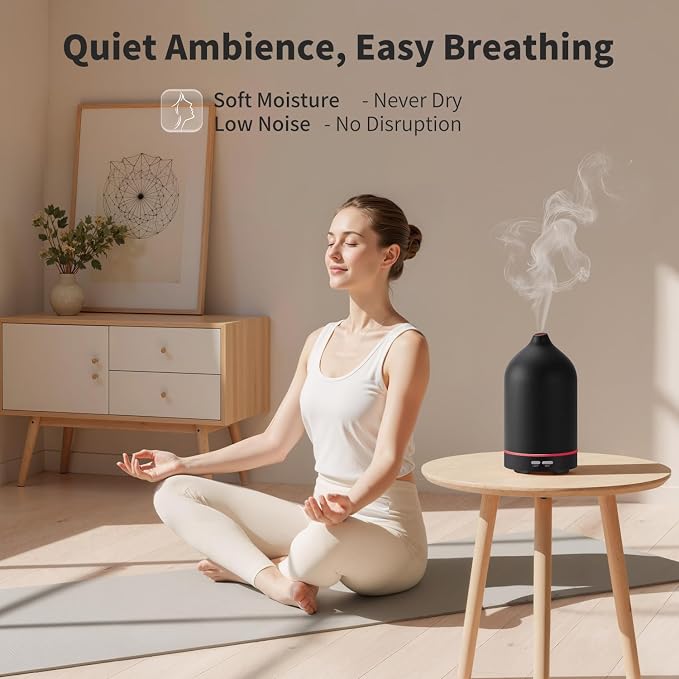 URPOWER 120ML Essential Oil Diffuser, Ultrasonic Aromatherapy Diffuser with Sleek Black Ceramic Design, 7-Color LED Lights, Auto Shut-Off, Humidifier for Home & Office, Scent Diffuser for Relaxation