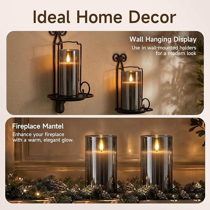 Homemory Grey Glass Flameless Candles Battery Operated LED Pillar Candles with Remote and Timer, Real Wax Flickering Candles with 3D Wick for Home Wedding Holiday Decor, Set of 2, 3"x6"