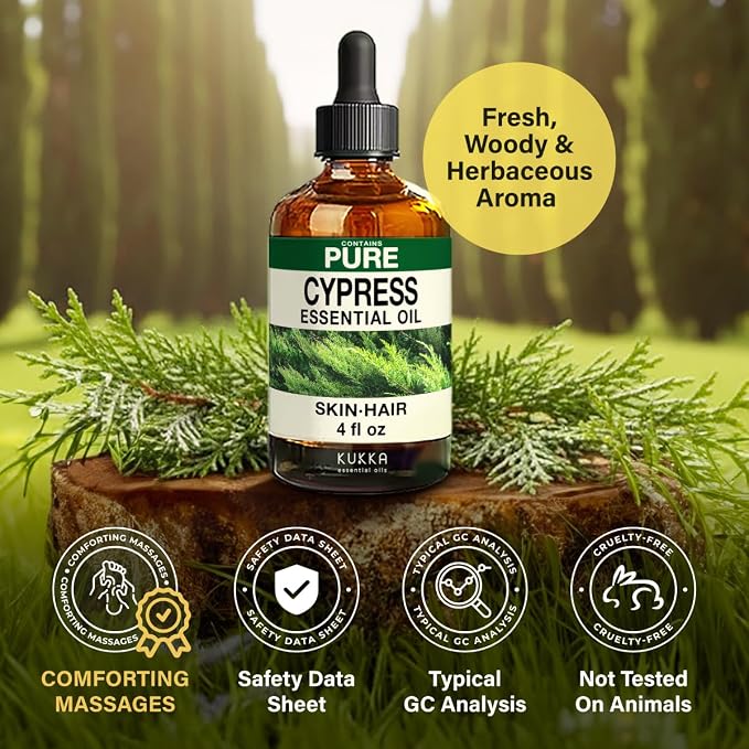 100% Pure Cypress Oil - 4 Fl Oz Cypress Essential Oil for Hair, Skin, Diffuser, Aromatherapy & DIY Soap Making Scent