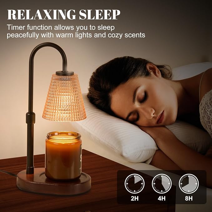 Premium Candle Warmer Lamp with Timer Dimmer-Height Adjustable Wax Melter Suitable for Any Jar Candle, Flameless Heater with Wood Base & Amber Glass,New Home Gifts for Women Mom Daughter Friend
