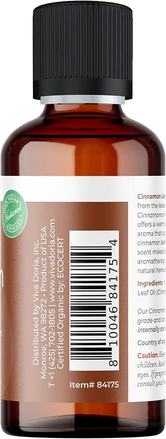 Viva Doria Cinnamon Leaf Essential Oil, USDA Certified Organic Cinnamon Leaf Oil, 100% Pure, Natural Essential Oil, Undiluted, for Aromatherapy | Food Grade, 30 mL (1 Fluid Ounce)