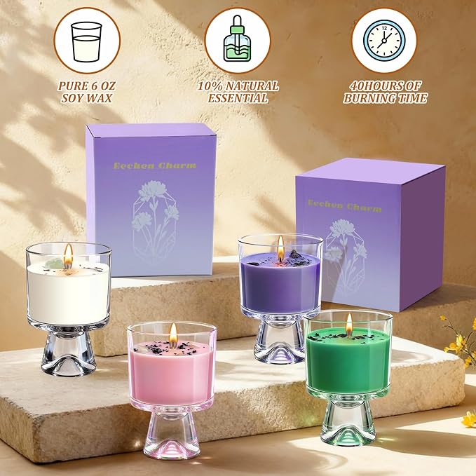 Lavender Scented Candle – Natural Soy Wax with Healing Crystals and Dried Lavender, 48-Hour Burn Time, Aromatherapy Candle for Stress Relief and Sleep, Reusable Glass Jar, Gift for Women
