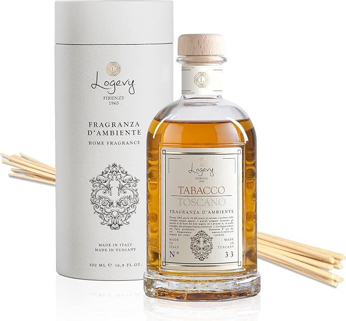 Logevy Firenze 1965 Tabacco Toscano – Tuscan Tobacco Luxury Home Fragrance Diffuser from Master Perfumer in Italy with Sweet Musky Notes in Elegant Glass Bottle with 12 Natural Bamboo Reeds – 500ml