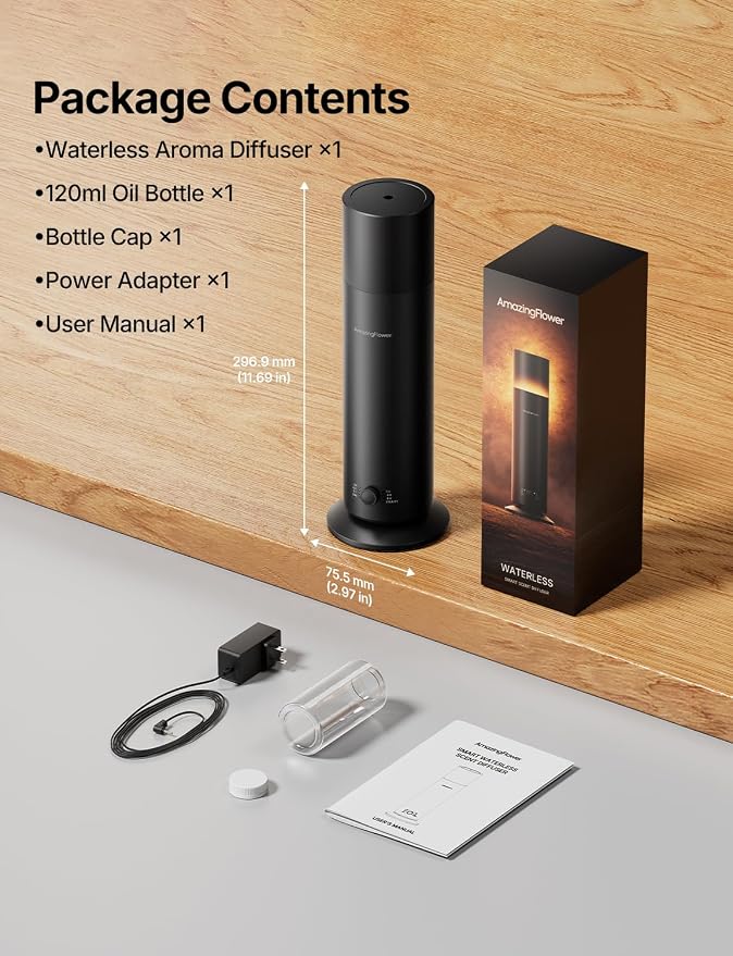 Waterless Essential Oil Diffuser, Smart Scent Diffuser with Nightlight, Smart Schedules, Up to 1100 sq ft, App Control Cold Air Scent Diffuser Oil Machine for Home Large Room and Commercial Use, Black