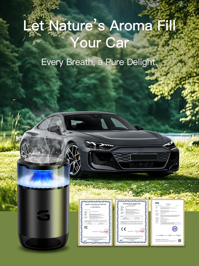 Smart Car Air Freshener Diffuser, Waterless Essential Oil Diffuser with 4 Modes, 4 Scent Refills, Auto On/Off, USB - C Rechargeable Wireless, Ambient Light for Home/Car Use (5502-Black)