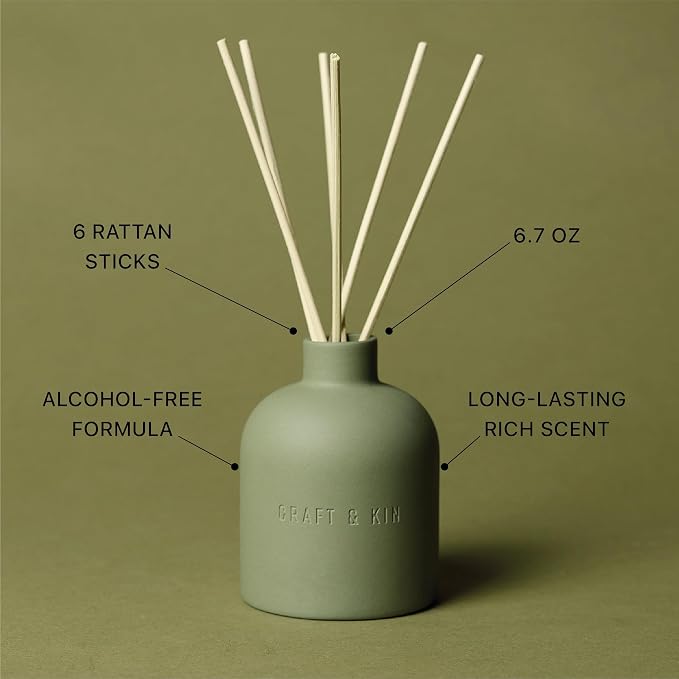 Craft & Kin White Birch & Cedar Reed Diffuser – Earthenware Collection, 6.7 oz – Alcohol-Free Essential Oil Diffuser for Home & Bathroom – Long-Lasting Fragrance Sticks – Ceramic Room Decor