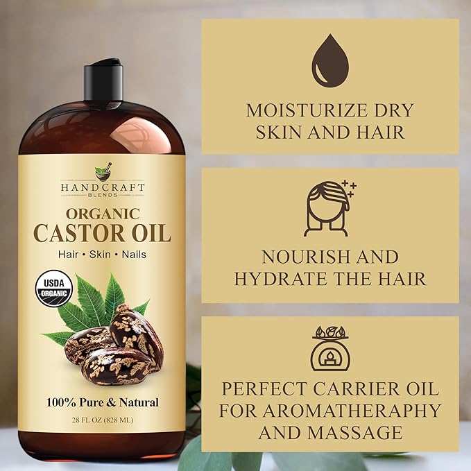 Handcraft Blends Organic Castor Oil 28 Fl Oz | 100% Pure and Natural | Premium Grade Carrier Oil | Hair, Eyelashes and Eyebrows | Hair and Body | Expeller-Pressed | Hexane-Free