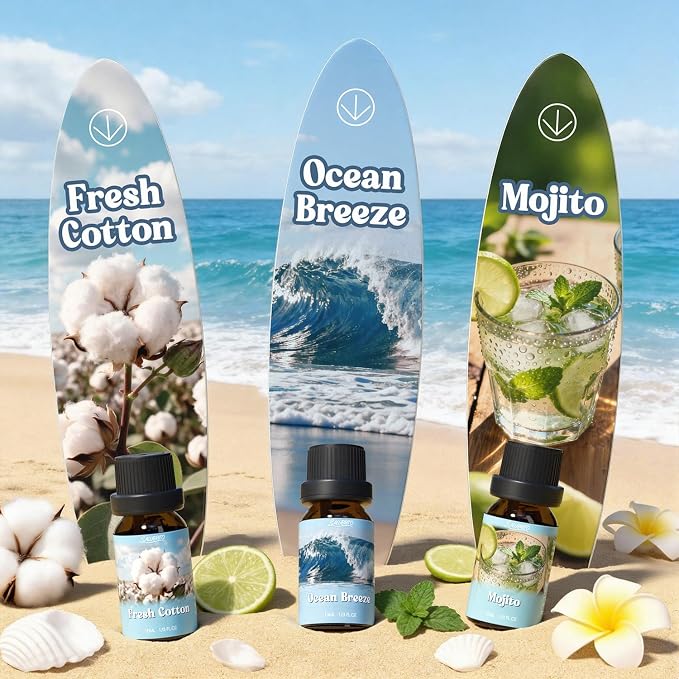 SALUBRITO Summer Fragrance Oils Set, Premium Essential Oils Set for Diffuser, Candle, Soap Making, Fresh Cotton, Coconut, Mojito, Pineapple, Ocean Breeze, Pink Island, Strong Scented Oils