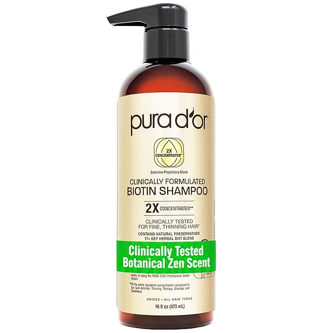 PURA D'OR Clinically Formulated Biotin Shampoo - Daily Hair Care Routine For Thinning Hair - 2X Concentrated 17+ Key Herbal Blend Hair Thickening Products For Women & Men, Botanical Zen Scent 16 Fl Oz